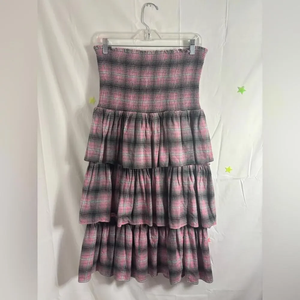 Revolve LIKELY Grey Pink Plaid Ruched Tiered 90’s Babydoll Grunge Midi Skirt M/L